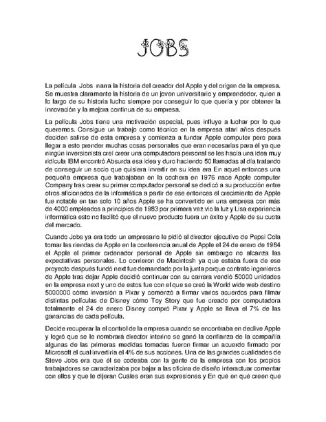 JOBS - Reseña de la Película sobre Steve Jobs y Apple - Studocu