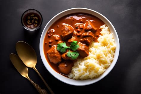 Un Plato De Pollo Tikka Masala Con Arroz Y Cilantro Al Lado Foto Premium