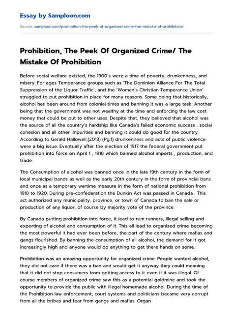 ≫ Prohibition The Peek Of Organized Crime The Mistake Of Prohibition Free Essay Sample On