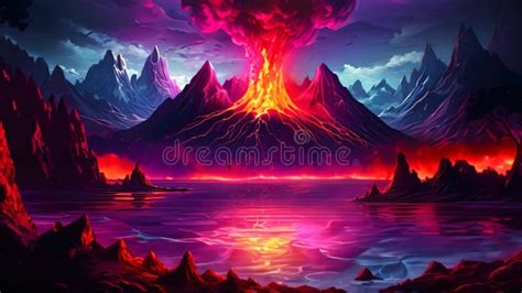 Fantasy Landscape with Volcano, Lake and Planet. Vector Illustration ...