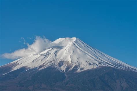 Premium Photo | Closeup snow covered mount fuji mt fuji in clear blue ...