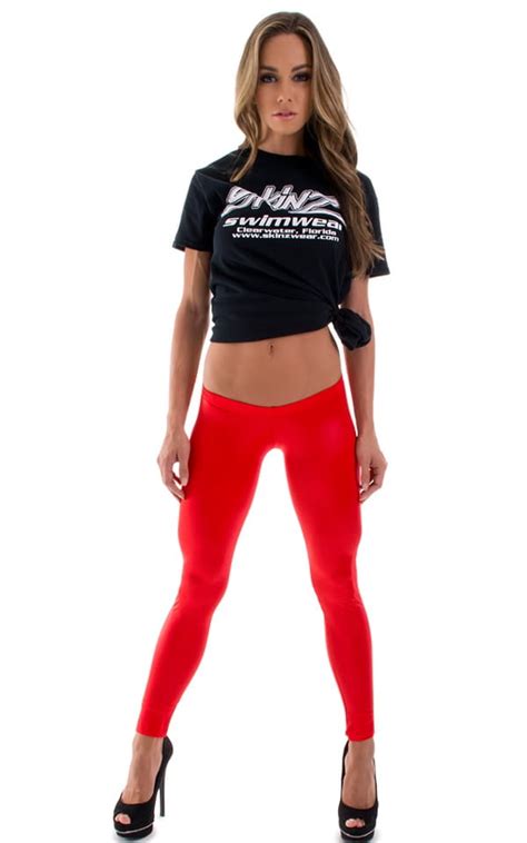 Womens Super Low Rise Leggings In Wet Look Red