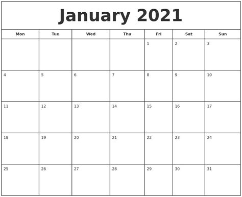 Printable January 2021 Calendar Pdf Print Calendar Printable Blank Calendar Blank Calendar