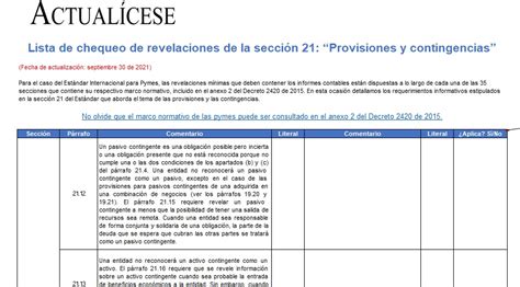 Lista de chequeo de revelaciones de la sección 21 Provisiones y