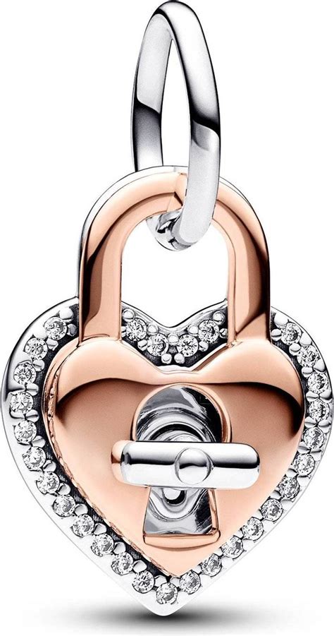 Pandora Two Tone Twistable Heart Padlock Double Dangle Charm Silver