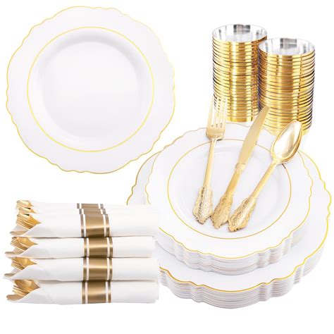 Liacere 350PCS Gold Plastic Plates Disposable White And Gold Plates