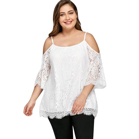 Gamiss Women Blouse Plus Size Cold Shoulder Lace Blouses Summer White