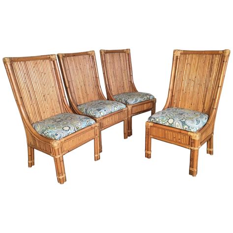 Set Of Four Split Reed Rattan High Back Dining Chairs For Sale At