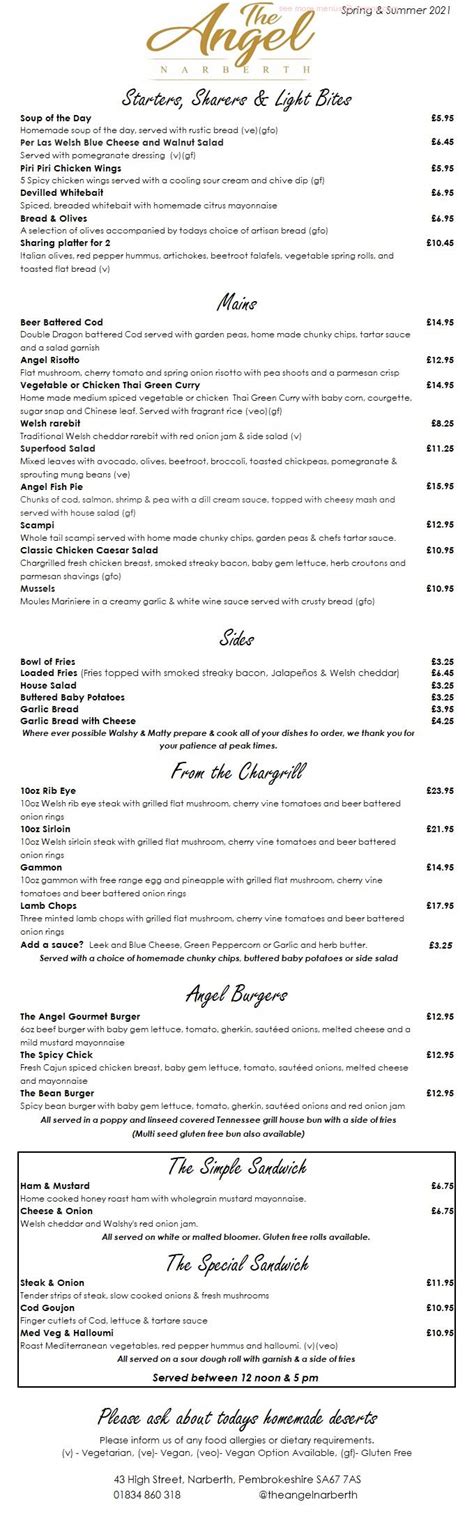 Online Menu Of The Angel Restaurant Narberth United Kingdom Sa67 7as