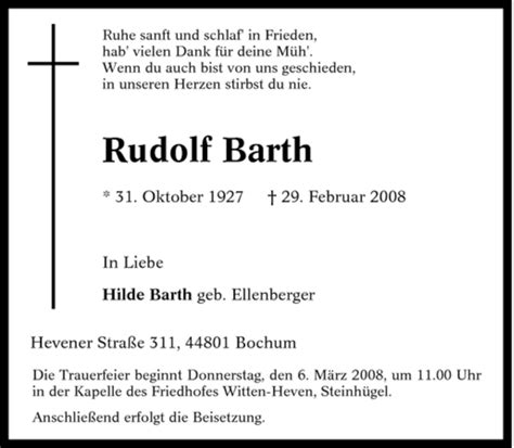 Traueranzeigen Von Rudolf Barth Trauer In Nrw De