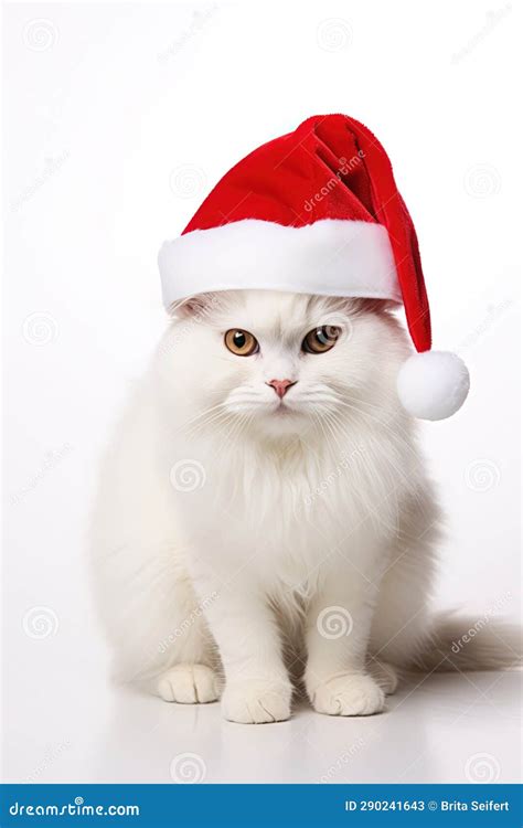 White Fluffy Cat With Santa Claus Hat Stock Illustration Illustration