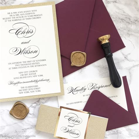 Gold Glitter Wedding Invitation With Burgundy Envelopes — Cz Invitations