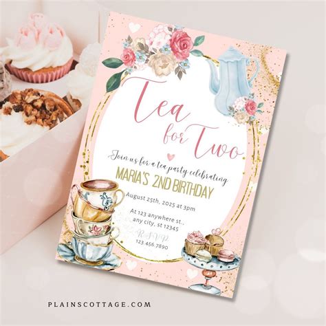 Editable Tea For Two Birthday Invitation Tea For Two 2nd Birthday Party Pink Gold Floral Cottage