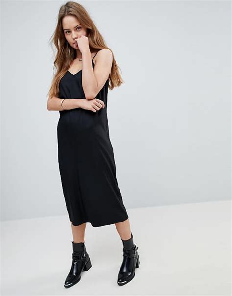 Asos Design Midi Cami Slip Dress In Black Asos