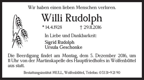 Traueranzeigen Von Willi Rudolph Trauer38 De