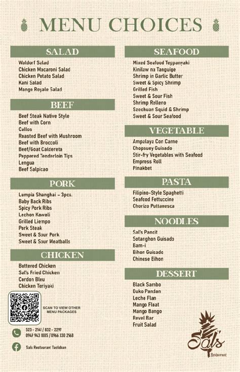 Menu at Sal's Restaurant Tacloban, Tacloban City