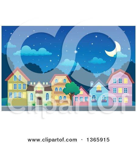 Clipart of a Village at Night - Royalty Free Vector Illustration by ...