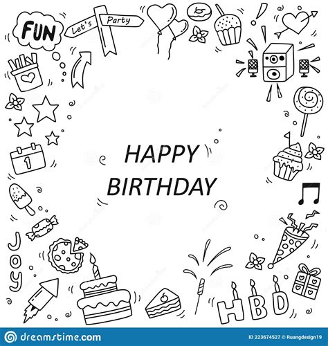 Set Of Happy Birthday Doodle Elements Isolated On White Background