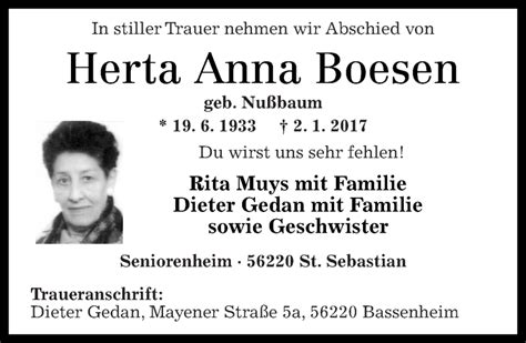 Traueranzeigen Von Herta Anna Boesen Rz Trauer De