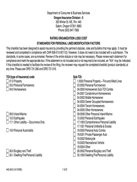 Fillable Online Oregon Form 3612 Rating Organization Loss Cost