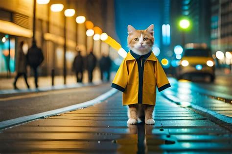 Premium AI Image | cat in a raincoat with a yellow raincoat on the street