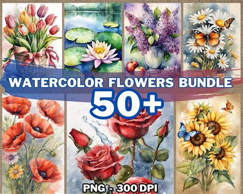 50 Watercolor Flowers Png, Watercolor Paintings Flowers, Printable ...