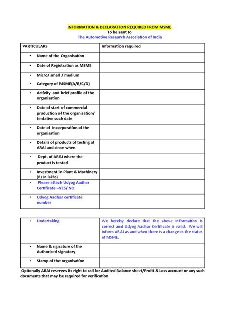 Msme Information And Declaration Form Providing Key Details To Automotive Research Association