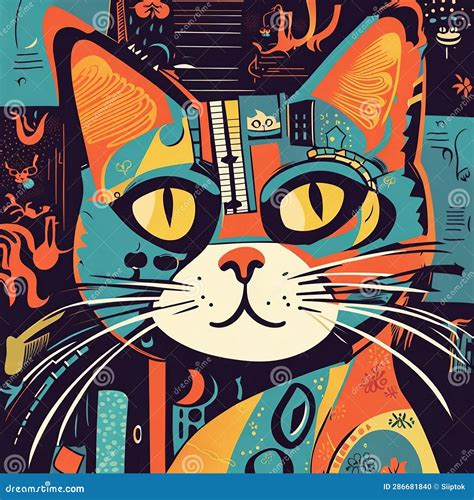 Colorful Cute Cat Art Illustration Stock Illustration Illustration Of