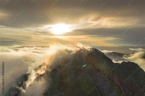 Tryfan mountain sunrise aerial view in Snowdonia National Park Stock ...