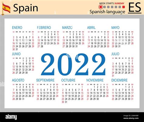 Calendario de bolsillo horizontal español para 2022 dos mil veintidós