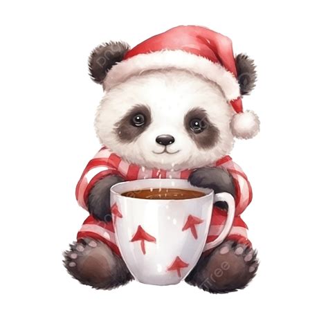 Cute Panda In Santa Costume In Cup Watercolor Christmas Season