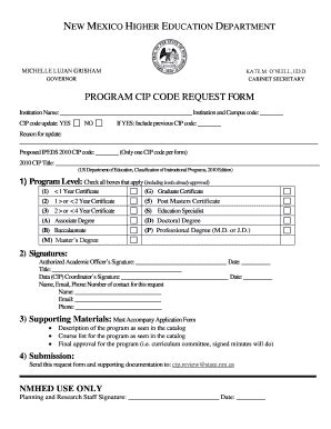 Fillable Online PROGRAM CIP CODE REQUEST FORM Hed State Nm Us Fax