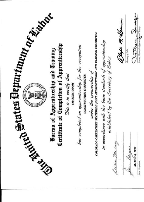 Journeyman Carpenter certificate