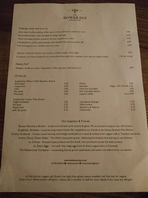 Menu at The Bower Inn, Bridgwater pub & bar, Bridgwater