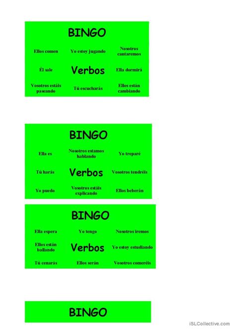 Bingo De Los Verbos Espa Ol Ele Hojas De Trabajo Pdf Doc Descubra