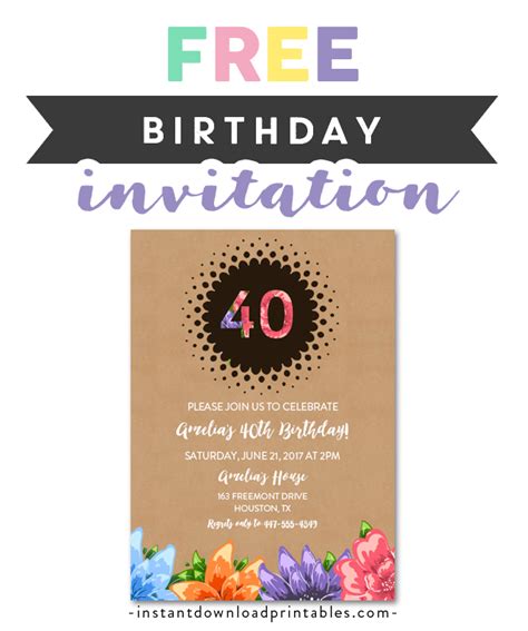 Birthday Party Invitation Editable Template Forty Birthday Invite