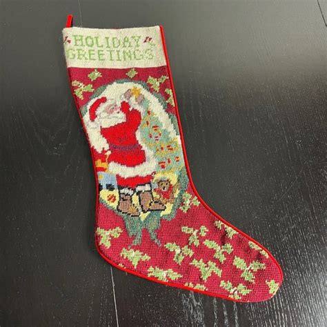 Unbranded Holiday Vintage Needlepoint Christmas Stocking Santa Claus Tree Holiday Greetings