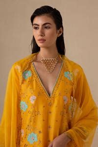 Buy Yellow Silk Chanderi And Organza Embroidery Applique Seher Kurta