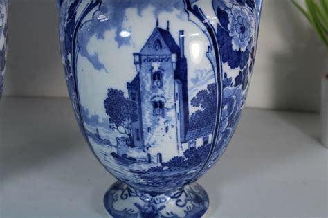 Vintage Pair Delft Pottery Blue White Vases Marked Ff Antiques