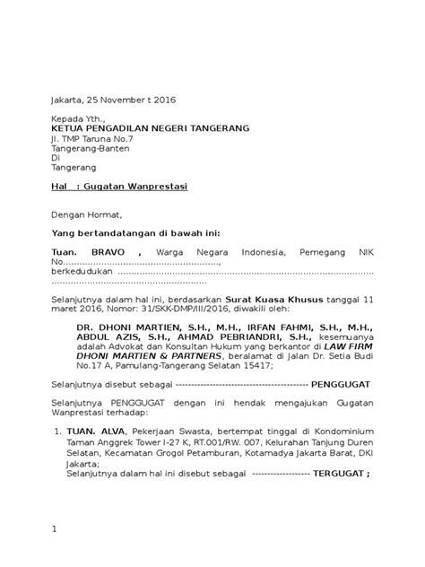 Contoh Surat Gugatan Wanprestasi Sewa Menyewa Pdf