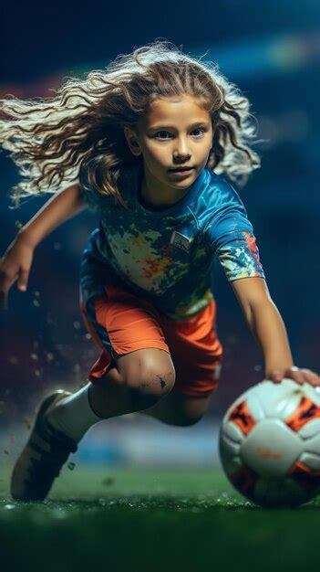 Niña jugando en el estadio con fútbol vistiendo una camiseta de fútbol