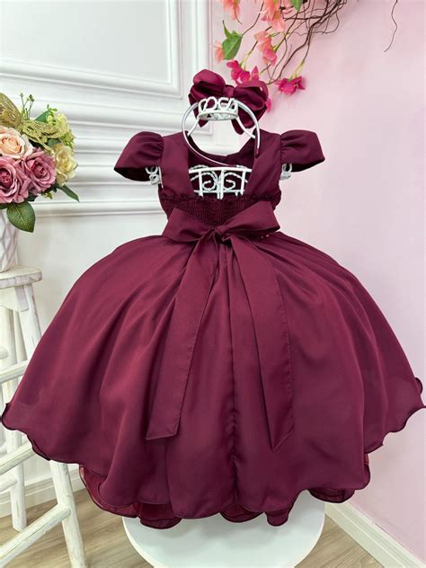 Vestido Infantil Marsala Cinto de Pérolas Casamento Luxo Rosa