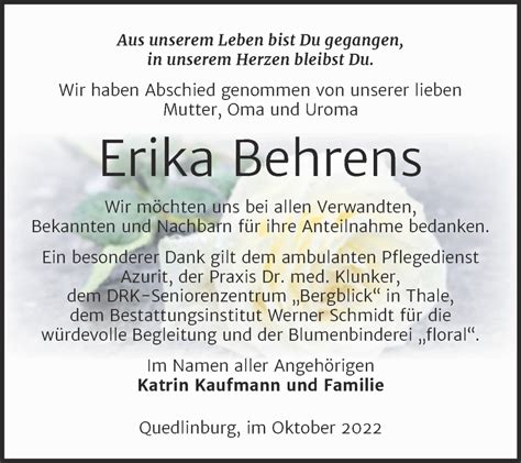 Traueranzeigen Von Erika Behrens Abschied Nehmen De