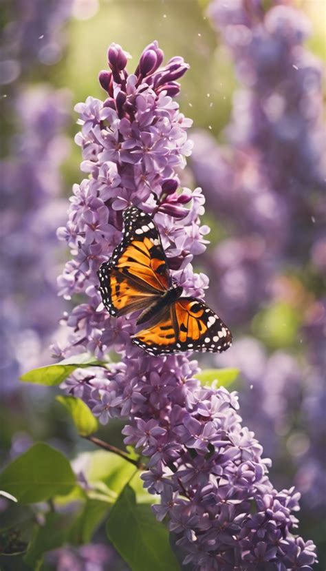 Butterflies Hovering Over A Garden Filled With Lilacs Wallpaper