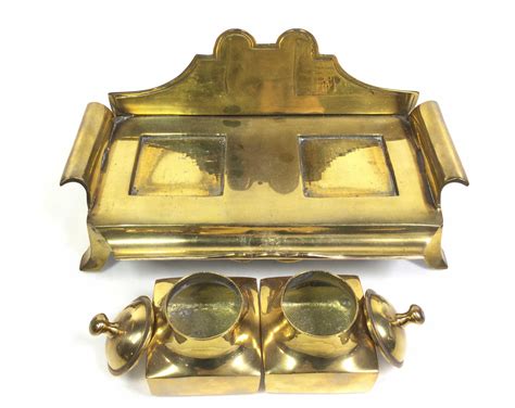 Lot Vintage Brass Inkwells W Stand