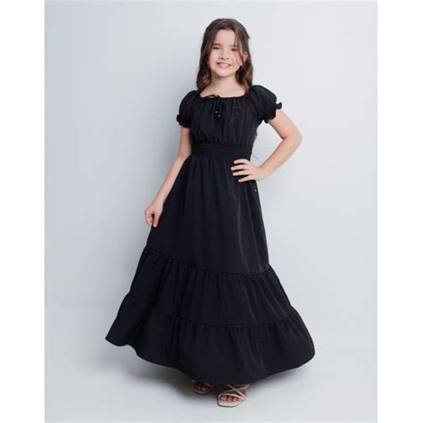Vestido Preto Infanto Juvenil - Vestido Longo Infanto Juvenil Preto Manga Tecido Elegante | Shopee Brasil