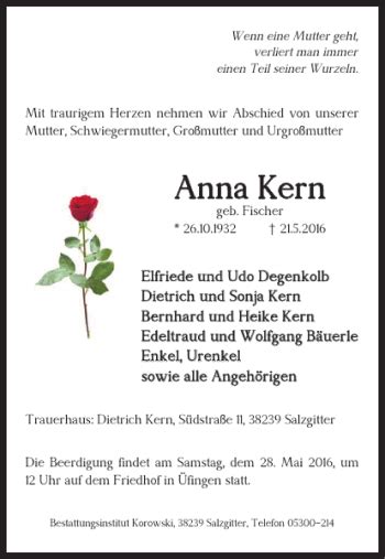 Traueranzeigen Von Anna Kern Trauer De