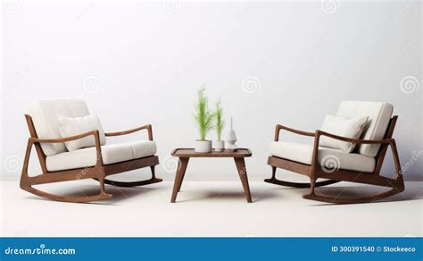 Oriental Minimalism Wooden Rocking Chairs With Plant And Table Stock