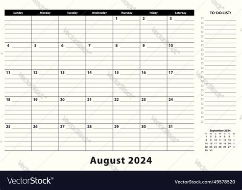 August Monthly Business Desk Pad Calendar Vector Image