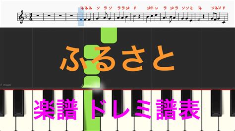 ふるさと ピアノ楽譜 オカリナで吹ける曲 カタカナドレミ譜表付き 楽譜動画 楽譜画像 歌詞あり、鍵盤演奏タイミング、楽器練習用 ピアノ